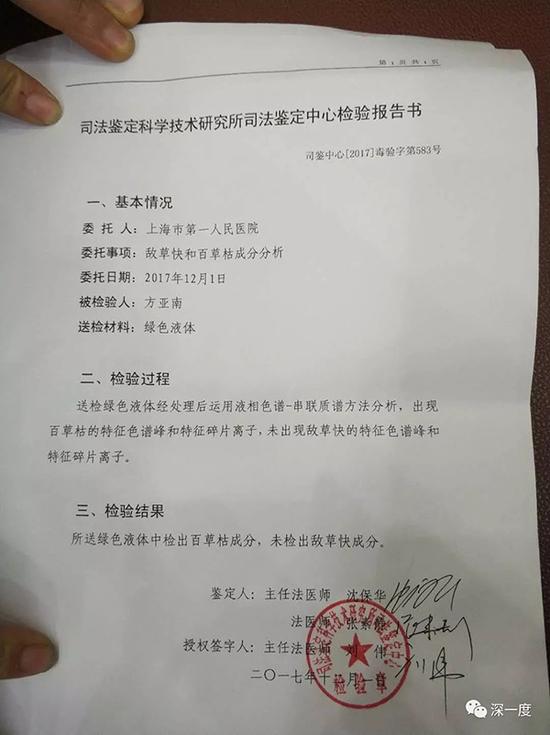 方亚南的检测报告中,查出了百草枯的成分