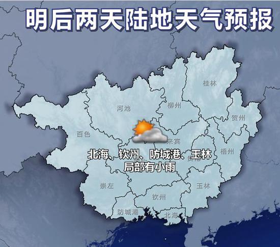 广西气象台9日17时发布预报: 陆地天气预报 两天内,全区多云,其中北海、钦州、防城港、玉林等市局部有小雨。 森林火险气象等级:全区3级,中等火险。 南宁市:9日晚到10日,多云,东北风1~2级,最低气温23,最高气温32。 强风报告和海洋天气预报 北部湾海面:9日晚到10日,东北风5~6级,阵风7级,阴天,其中南部海面有中到大雨;11日,阴天有小雨,偏东风4~5级。 合浦到东兴沿海各地台风警报站,所挂的强风信号一号风球不改变。 高速公路快报 1、百色往靖西方向K