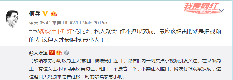 歌唱家苏小明被曝饭局上大爆粗口 网友:偷拍者小人